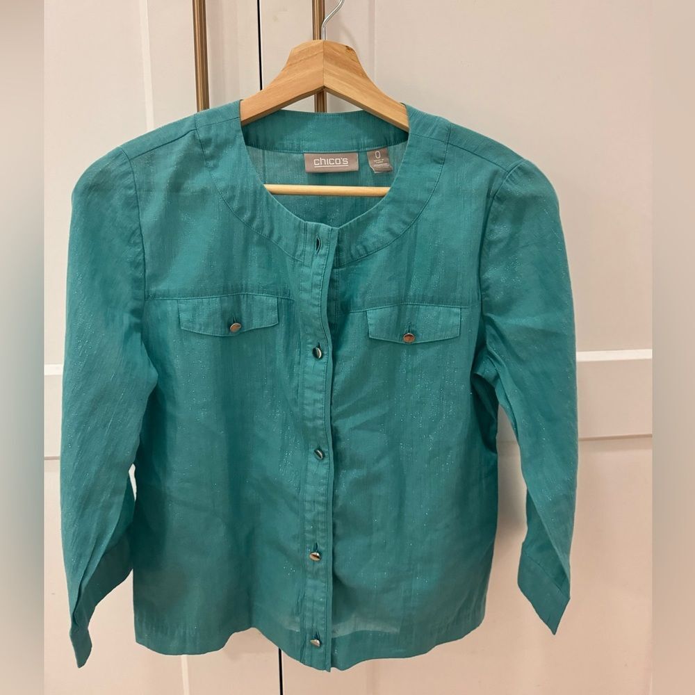 Chico’s Shimmer Teal Blouse with pockets